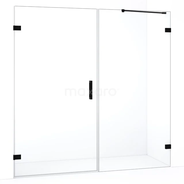 Glazen douchedeur met zwart frame, schuifdeurdesign, modern en minimalistisch, perfect voor een stijlvolle badkamer.