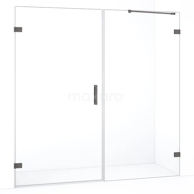 Glazen douchewand met schuifdeur, helder glas, zwart beslag, modern design, perfect voor een stijlvolle badkamerinrichting.