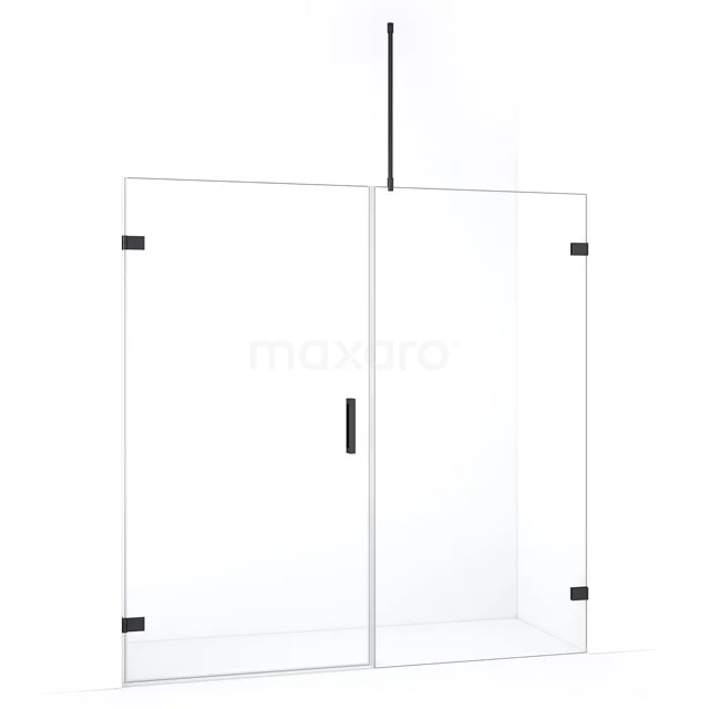 Helder glazen douchewand met zwarte accenten en scharnieren, perfect voor een moderne badkamerinrichting.