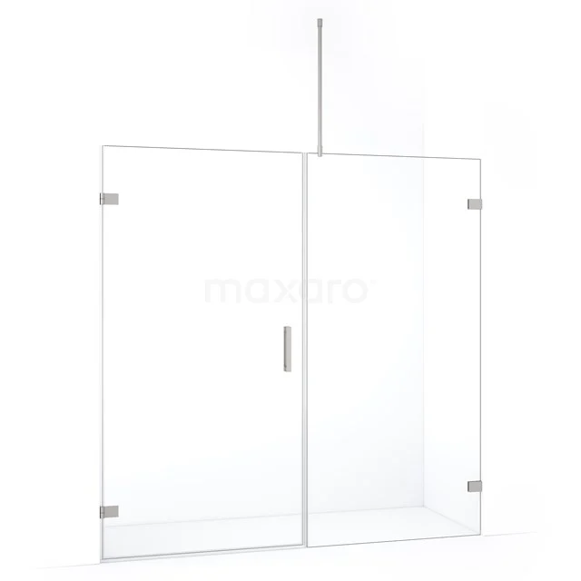 Transparante glazen douchewand met deur, chroom accenten, minimalistisch design; ideaal voor moderne badkamers.