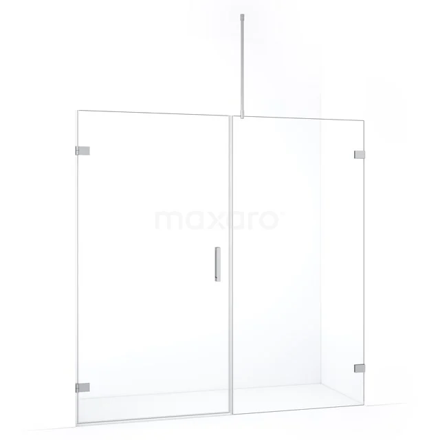 Heldere glazen douchewand met scharnierdeur, modern design, ideaal voor een stijlvolle en strakke badkamerinrichting.