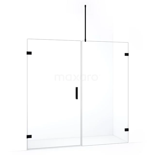 Douchewand met deur, minimalistisch design, helder glas met zwarte accenten, ideaal voor een moderne badkamerstijl.