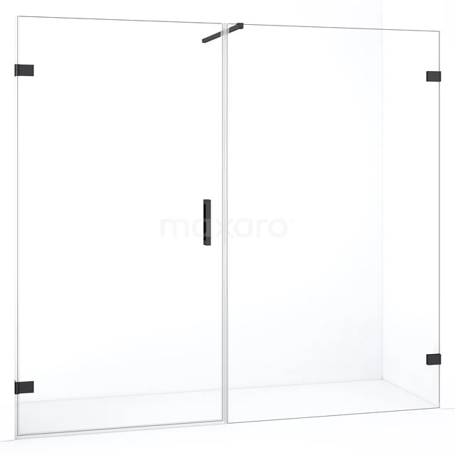 Glazen douchewand met zwart metalen accenten, modern design, ideaal voor een stijlvolle badkamerrenovatie.