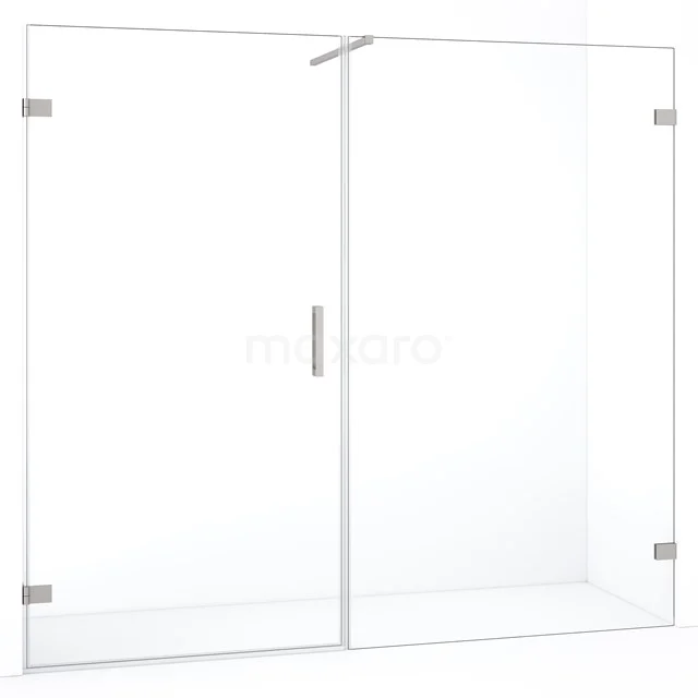 Glazen douchewand met scharnierdeur, helder veiligheidsglas, minimalistisch design, ideaal voor een moderne badkamer.