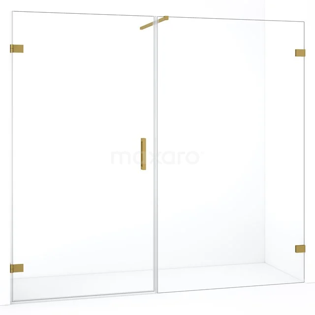 Transparante glazen douchedeur met gouden scharnieren en handgreep, modern design, ideaal voor luxe badkamerinterieurs.