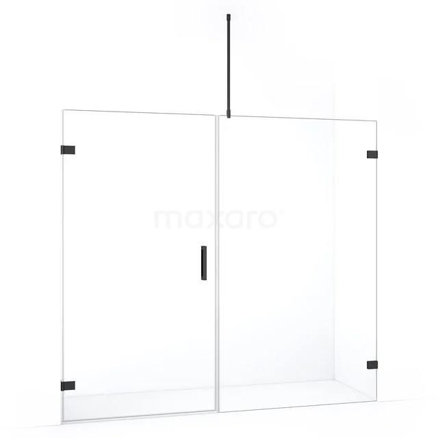 Transparante glazen douchewand met zwarte accenten, strak design, ideaal voor een moderne badkamer.