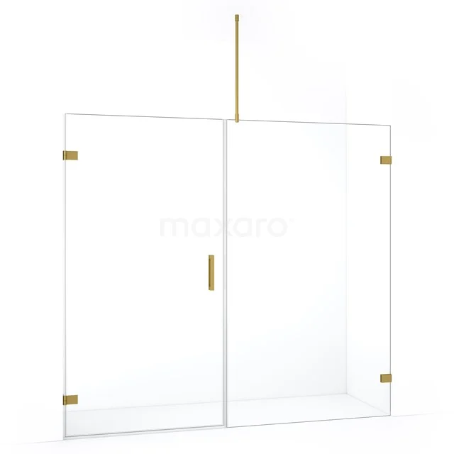 Doorzichtige glazen douchewand met gouden details, strak design, ideaal voor een moderne badkamer.