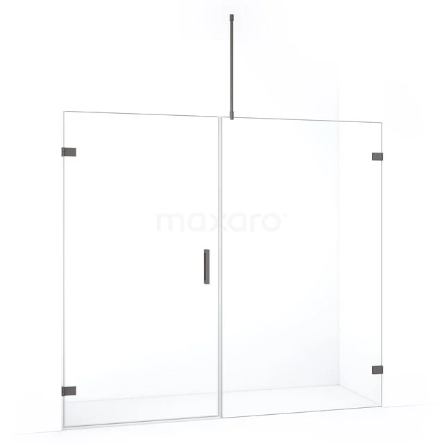 Glazen douchewand met deur, frameloos design, helder glas, inclusief stabilisatiestang; modern en minimalistisch badkameraccessoire.