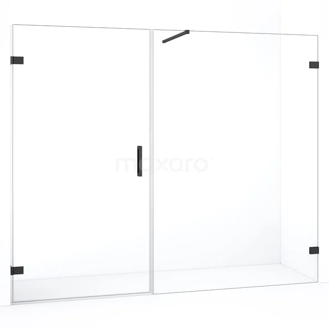 Glazen douchewand met zwarte accenten, draaideur en schuifpaneel, geschikt voor moderne badkamers, gemaakt van veiligheidsglas.