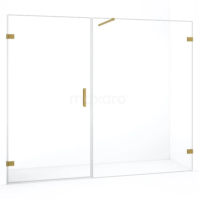 Douchewand met goudkleurig beslag, helder glas en strak design, ideaal voor een moderne badkamer inrichting.