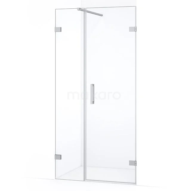 Glazen douchedeur met scharnieren, heldere afwerking, rechthoekig design, ideaal voor een moderne badkamer.