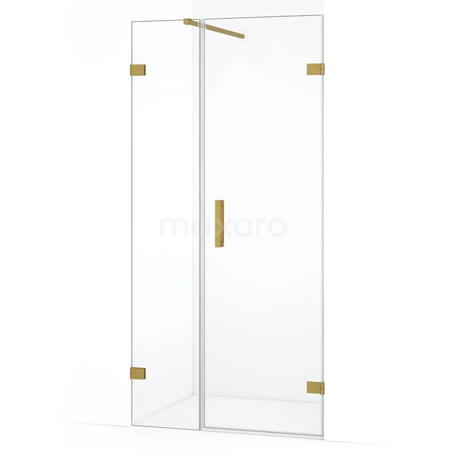 Douchedeur van helder glas met goudkleurige scharnieren en handgreep, luxe afwerking, ideaal voor een moderne badkamer.