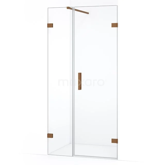 Glazen douchedeur met messing scharnieren en handgreep, elegant design, ideaal voor een moderne badkamer.