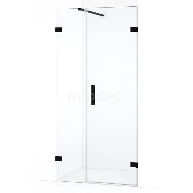 Douchedeur met helder glas, zwarte scharnieren en handgreep, modern design voor een stijlvolle badkamer.