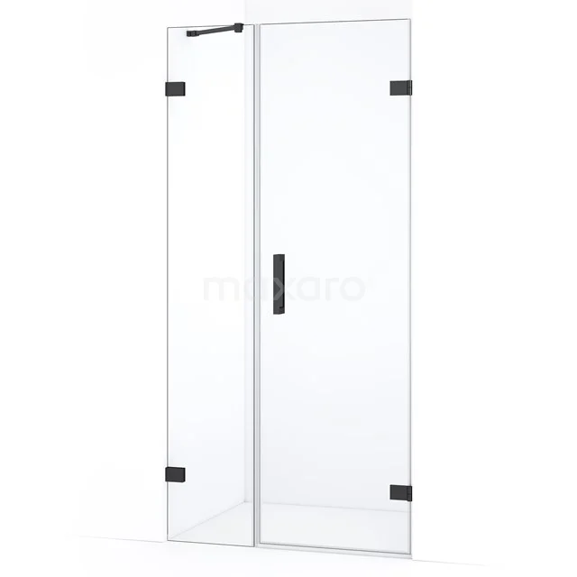 Glazen douchedeur met zwart metalen handgreep en scharnieren, strak design voor een moderne badkamer.