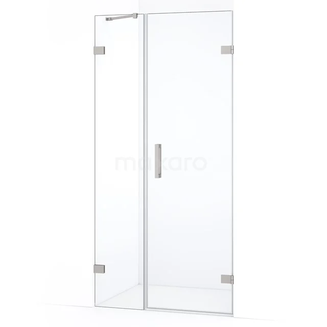 Glazen douchedeur met zilverkleurige scharnieren en handgreep, ideaal voor een moderne badkamer.
