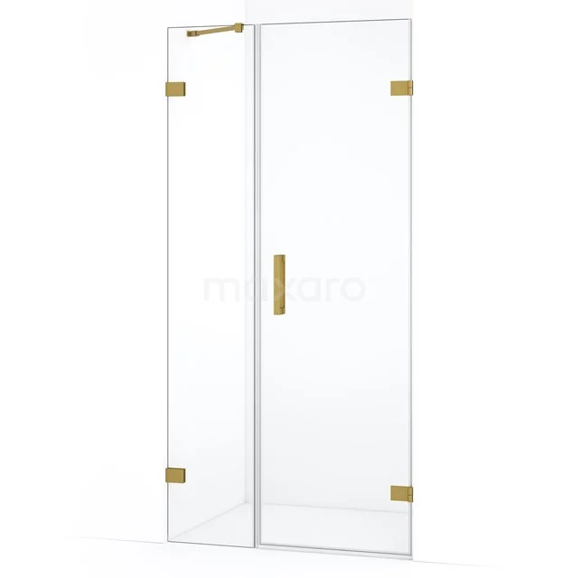 Douchedeur set met helder glas, gouden scharnieren en handgreep, moderne stijl; perfect voor een luxe badkamer.