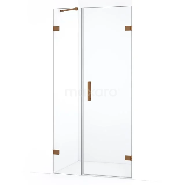 Glazen douchedeur met mat gouden scharnieren en handgreep, modern design voor een stijlvolle badkameruitstraling.