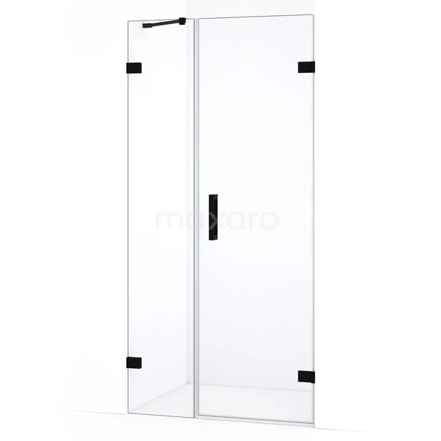 Glazen douchedeur met zwarte scharnieren en handgreep, strak design, ideaal voor een moderne badkamerinrichting.