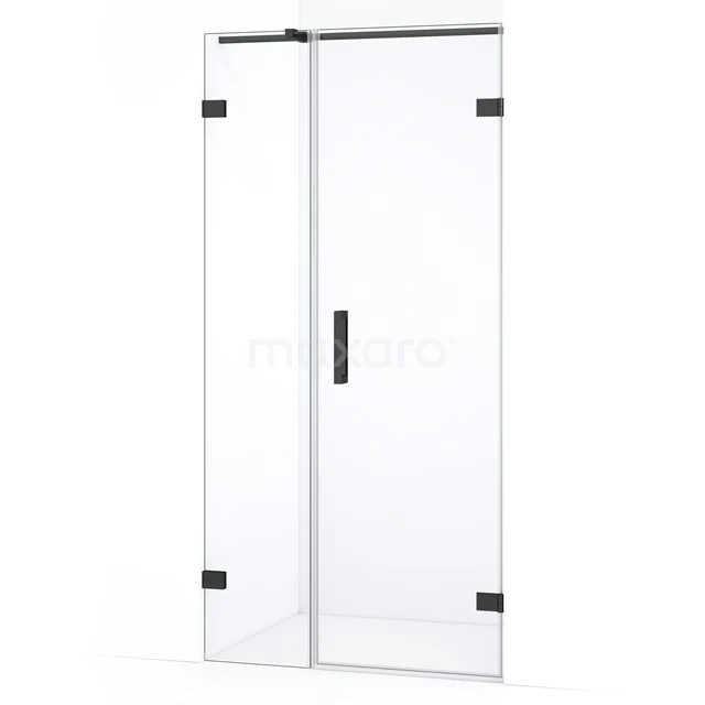 Douchedeur met helder glas, zwart frame en stevige handgreep, perfect voor een moderne badkamerstijl.