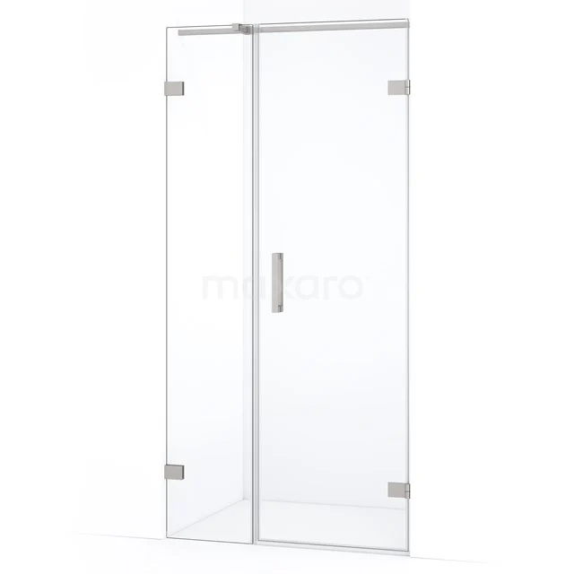 Heldere glazen douchedeur met chromen scharnieren en handgreep, ideaal voor een moderne badkamerinrichting.