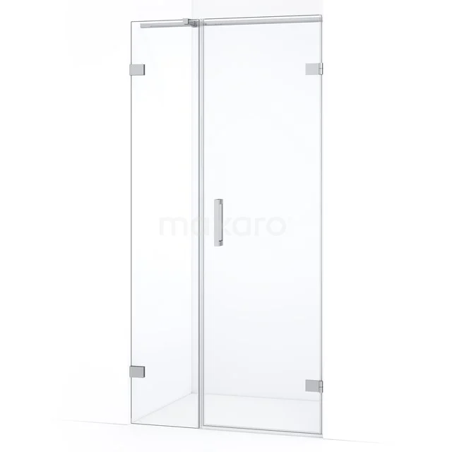 Glazen douchedeur hoekig ontwerp met scharnieren, helder veiligheidsglas, chroom accenten, ideaal voor een moderne badkamer.