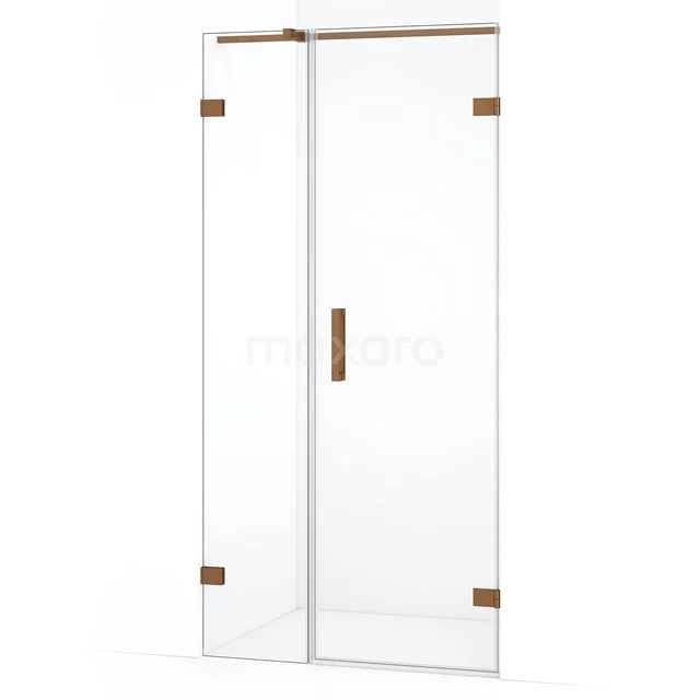 Douchedeur met helder glas, messing scharnieren en handgreep, modern design voor een stijlvolle badkamer.