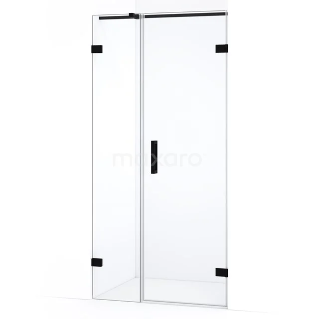 Douchedeur met helder glas, zwart profiel en scharnieren, moderne uitstraling voor stijlvolle badkamerinrichting.
