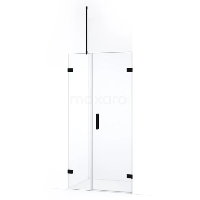 Douchedeur met helder glas, zwarte accenten en scharnieren, moderne stijl, ideaal voor een stijlvolle badkamerinrichting.