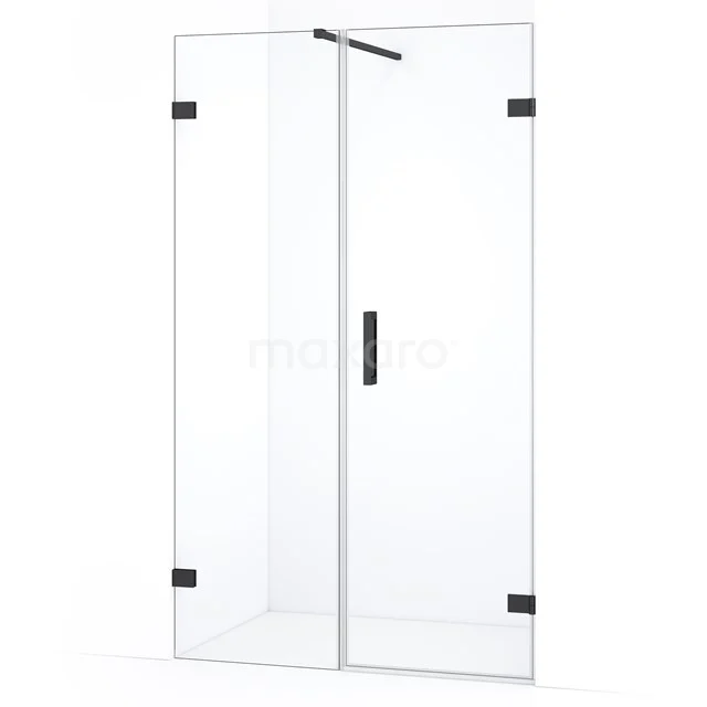 Glazen douchedeur met zwarte scharnieren en handgreep, strak design voor een moderne badkamer.