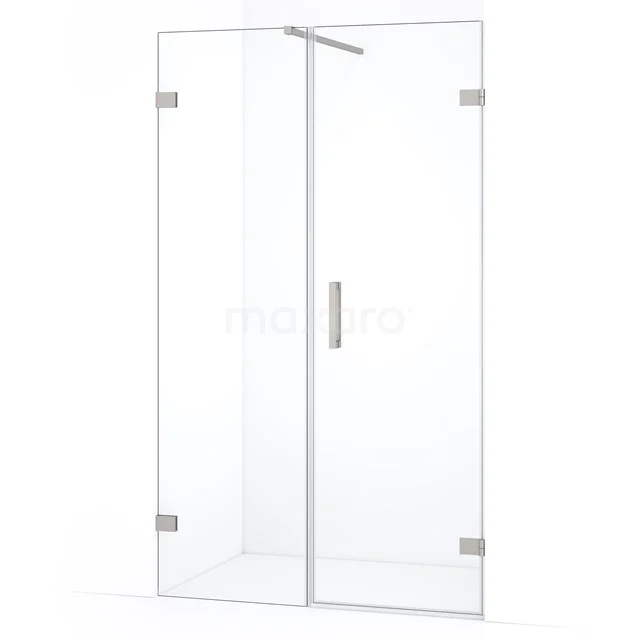 Glazen douchedeur met scharnieren, strak design, helder glas en RVS handgreep, perfect voor een moderne badkamer.
