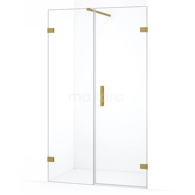 Glazen douchedeur met goudkleurige scharnieren en handgreep, perfect voor een elegante moderne badkamerstijl.
