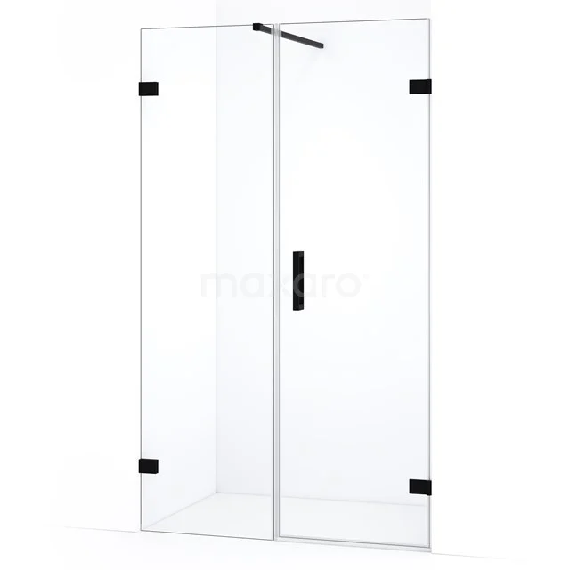 Douchecabine met scharnierdeur, helder glas, zwart beslag, hoekmodel, modern design, ideaal voor een stijlvolle badkamer.