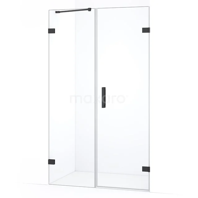 Glazen douchedeur met zwart metalen scharnieren, strak design, ideaal voor moderne badkamers.