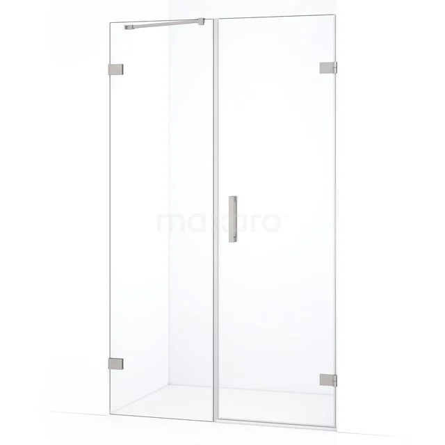 Glazen douchedeur met scharnier, transparant design, roestvrijstalen details, ideaal voor een moderne badkamerstijl.