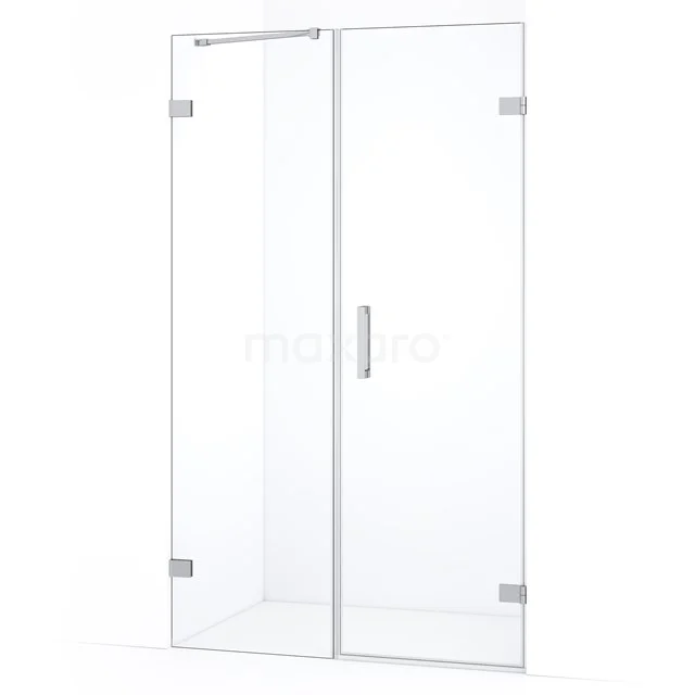 Glazen douchedeur met chromen scharnieren, transparant design, ideaal voor een moderne badkamer.