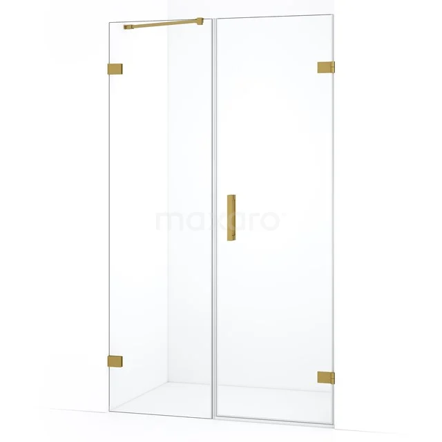 Glazen douchedeur met goudkleurige scharnieren en handgreep, luxe badkamerdesign, geschikt voor moderne interieurstijlen.