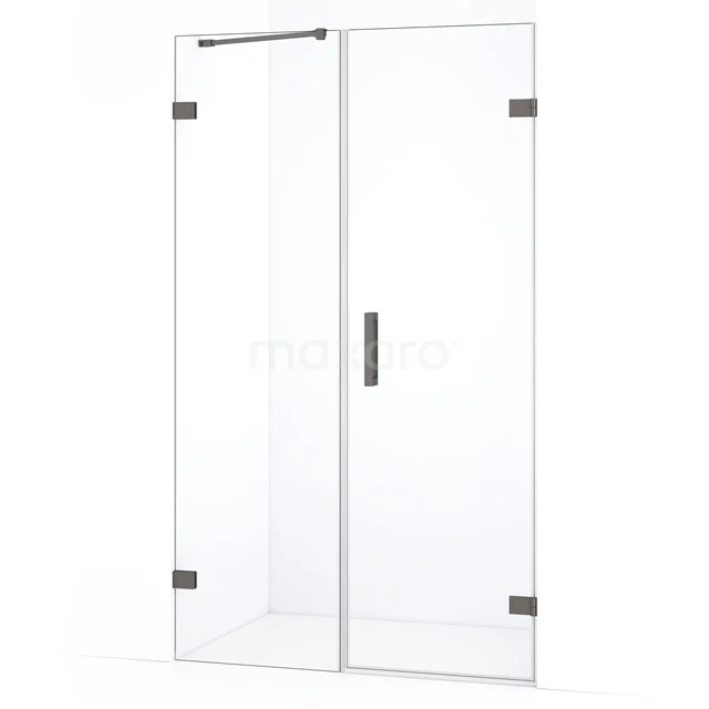 Glazen douchedeur met scharnieren, helder glas, strak design en RVS handgreep, ideaal voor een moderne badkamerstijl.