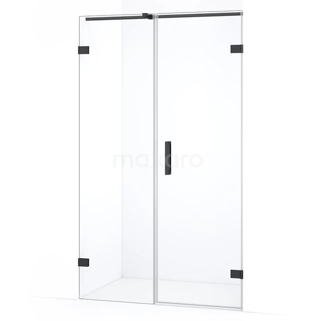 Glazen douchedeur met scharnieren, transparant, rechthoekig ontwerp, matzwart frame, ideaal voor een moderne badkamer.