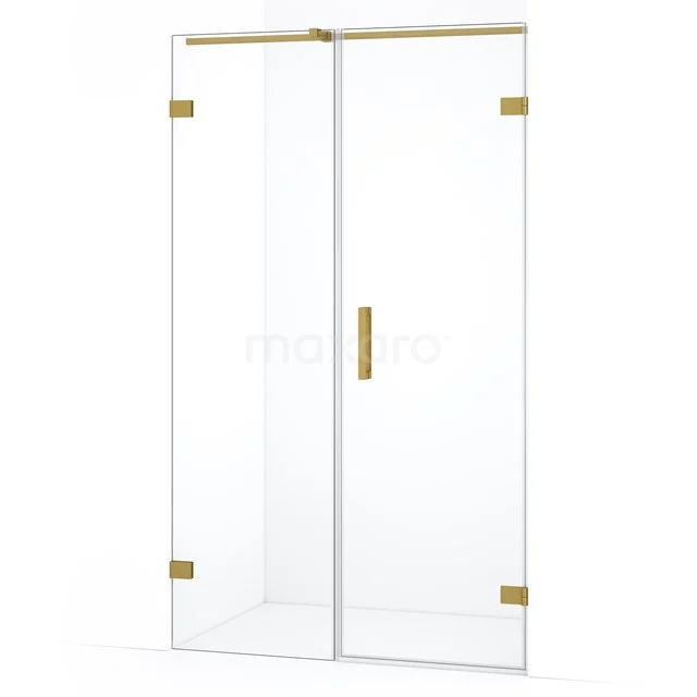 Glazen douchedeur met goudkleurige scharnieren en handgreep, strak design voor een moderne badkamer.