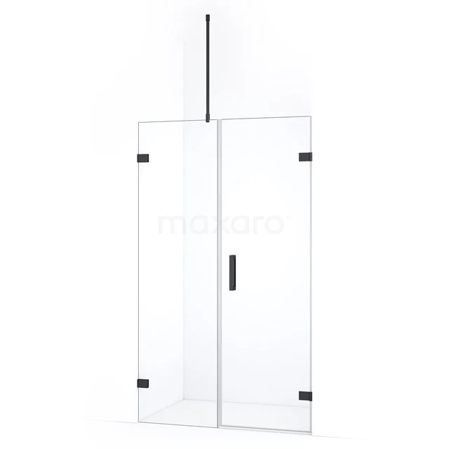 Glazen douchewand met zwarte accenten, strak design, perfect voor een moderne badkamerstijl.