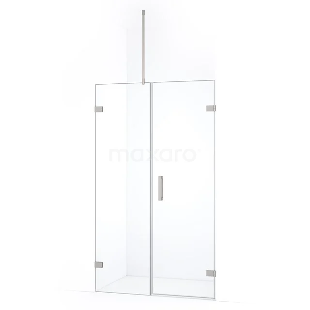 Glazen douchewand met draaideur, transparant design, roestvrijstalen scharnieren, ideaal voor een moderne badkamer.