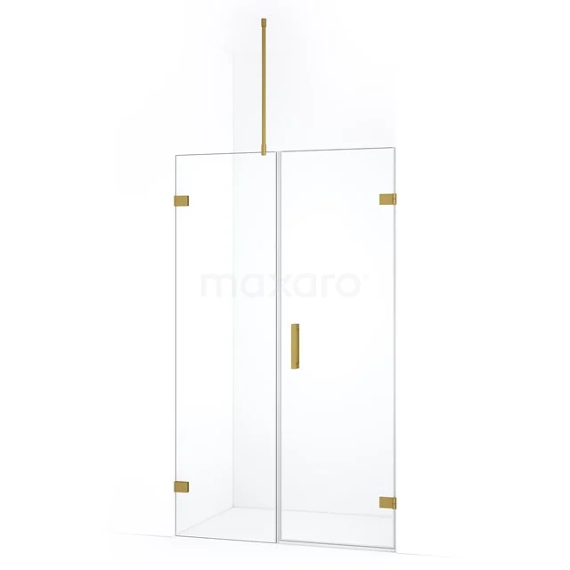 Glazen douchewand met gouden details, dubbele deuren en strak design, perfect voor een stijlvolle en moderne badkamer.