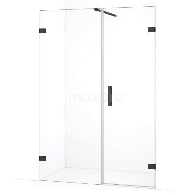 Douchedeur van helder glas met matzwarte scharnieren en handgreep, moderne stijl voor een minimalistische badkamer.