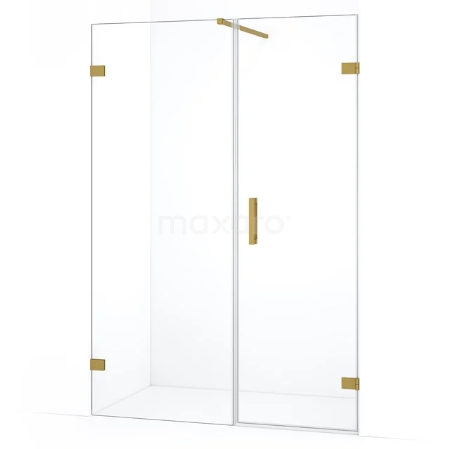 Shower door in clear glass with gold hinges and Handle, luxurious addition to modern bathroom fittings.