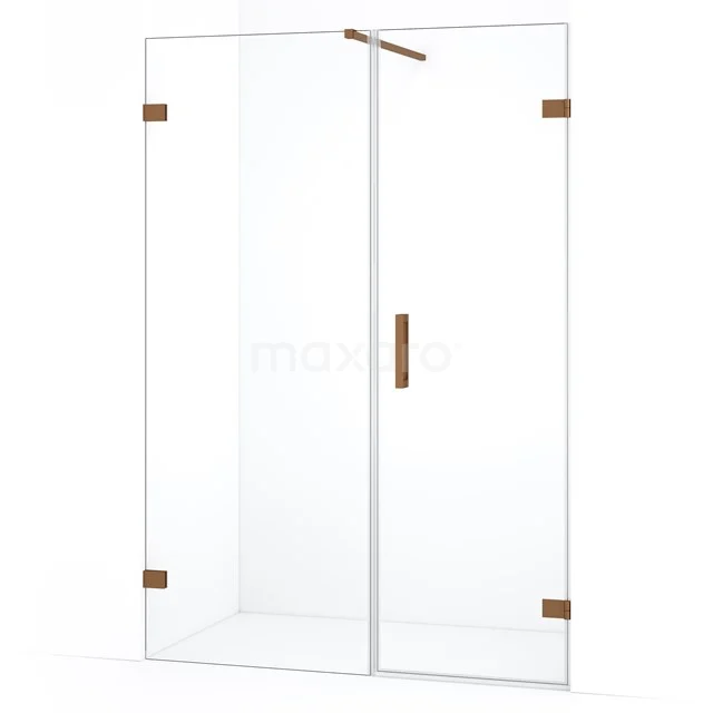 Douchewand met deur, helder glas, goudkleurige details, strak design, ideaal voor een moderne badkamer inrichting.