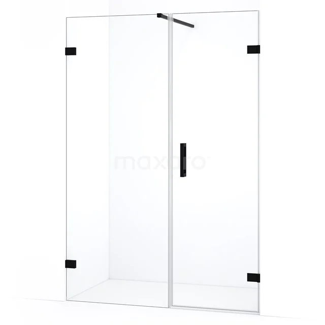 Glazen douchedeur met zwart metalen scharnieren, minimalistisch design, ideaal voor een moderne badkamer.