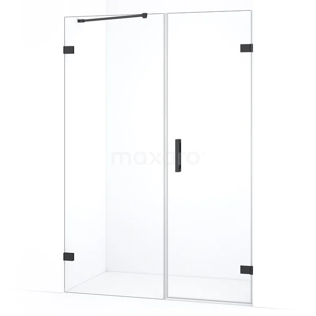 Glazen douchedeur met zwarte scharnieren, minimalistisch design en stevige handgreep, perfect voor een moderne badkamer.