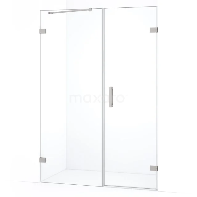Glazen douchedeur met scharnieren en handgreep, helder veiligheidsglas, modern en stijlvol design voor in de badkamer.