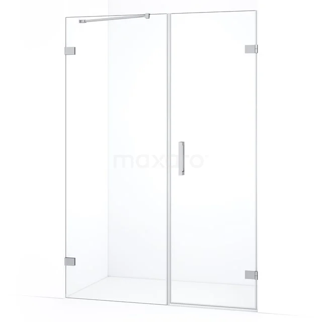 Glazen douchewand met scharnierdeur, helder veiligheidsglas, hoekopstelling, minimalistisch design, perfect voor moderne badkamers.